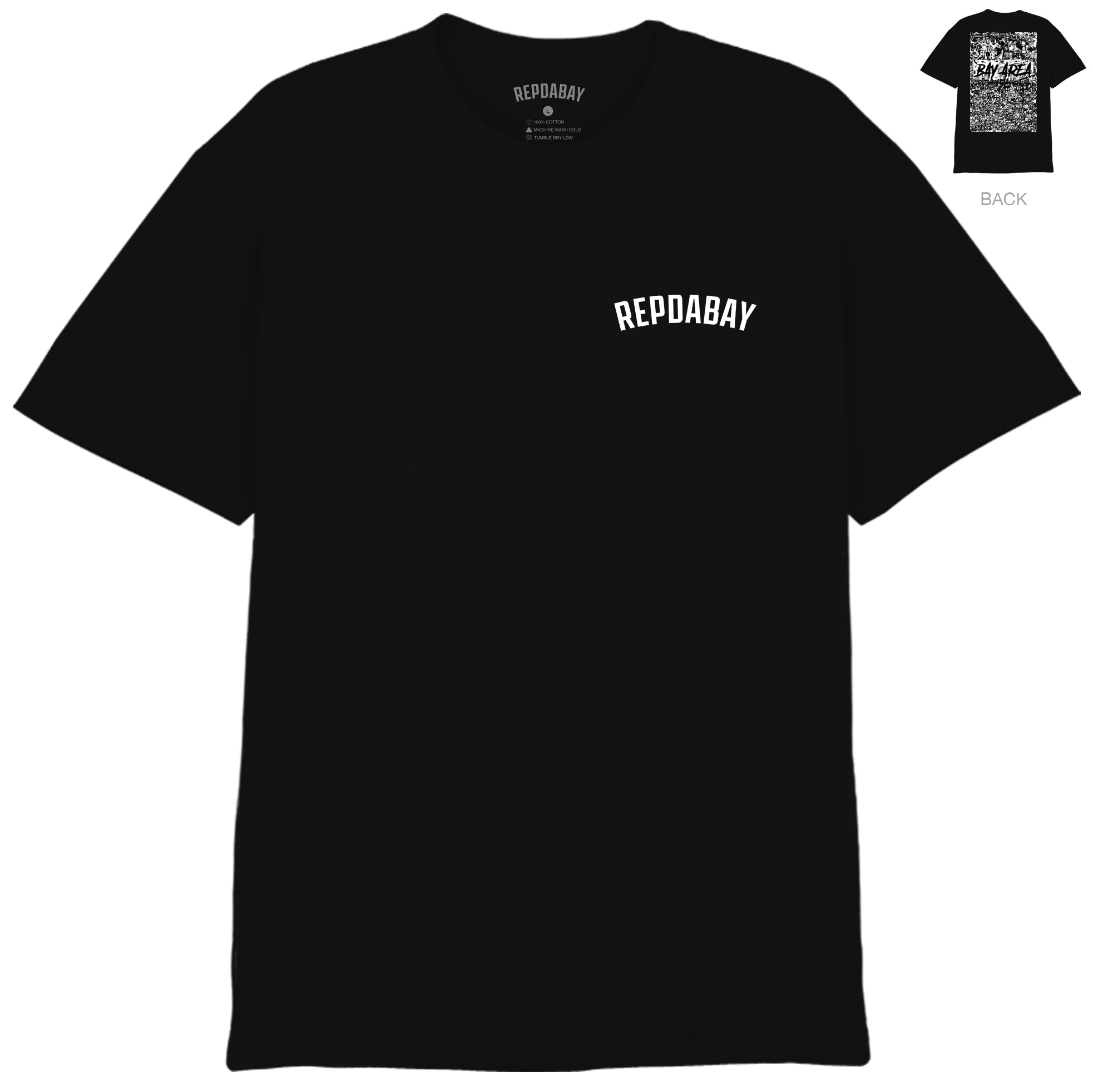 REPDABAY pocket logo - The Bay Area 2025 on back - Black Tee