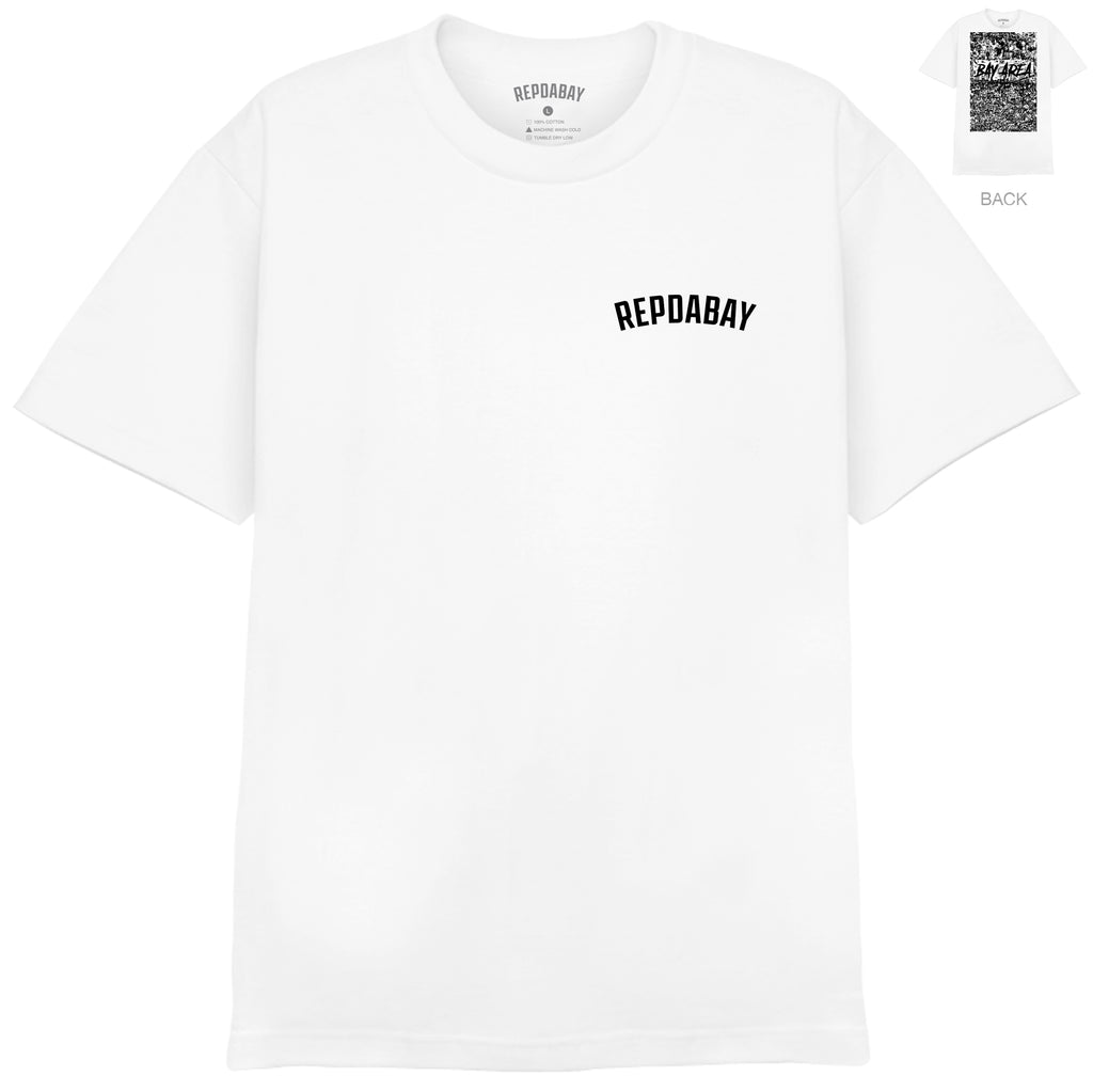 REPDABAY pocket logo - The Bay Area 2025 on back - White Tee